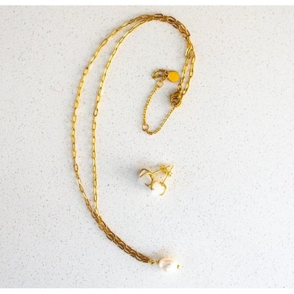 BUNDLE Classic Pearl Necklace Gold Paperclip Chain AND Moonstone Stud Earrings - Picture 7 of 14
